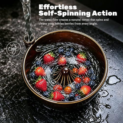 Ceramic Berry Washing Bowl with Auto-Spin Swirl Drainage - Rinse & Serve Fresh Fruits