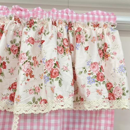 Pink Floral Gingham Tie-Up Balloon Curtain with Lace Trim - 55W x 63L