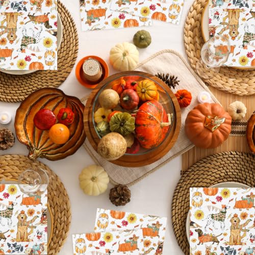 Fall Napkins Cocktail Paper Set with Dogs Pumpkins Sunflowers 50 Sheets