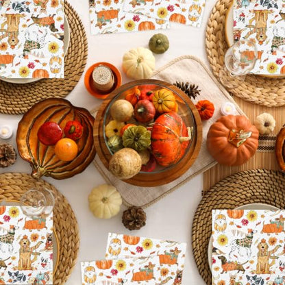 Fall Napkins Cocktail Paper Set with Dogs Pumpkins Sunflowers 50 Sheets