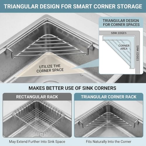 1pc Stainless Steel Corner Sink Shelf with Triangular Wire Rack – Kitchen Organizer