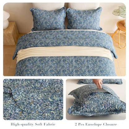 Navy Blue Floral Oversized King Bedspread 128x120 - Cotton Quilt Set