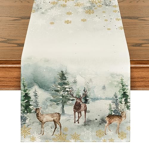 Deer Tree Christmas Table Runner - 13x72 Inch Green Holiday Decor