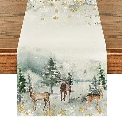 Deer Tree Christmas Table Runner - 13x72 Inch Green Holiday Decor