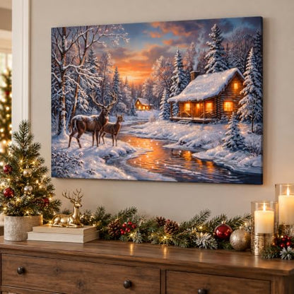 Sunset Gold Deer Cabin Christmas Canvas Wall Art 24x18 with Glitter & Timer
