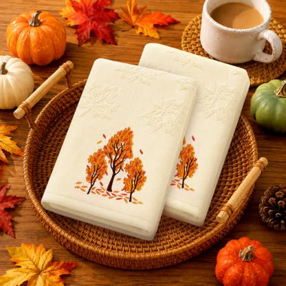 Fall Hand Towels 2 Pack - Beige Maple Leaves Jacquard, Soft Cotton, 29.5 x 13.8 Inches