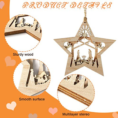 Christmas Nativity Scene Wooden Ornaments Set - Star Shaped, 12 Pieces