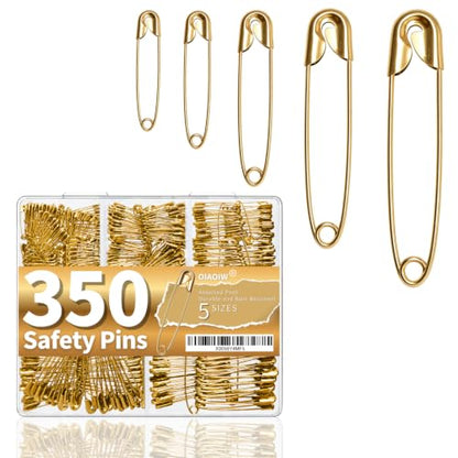 Gold Safety Pins Set 350 Pack Heavy Duty Assorted Sizes - Strong & Rust-Resistant