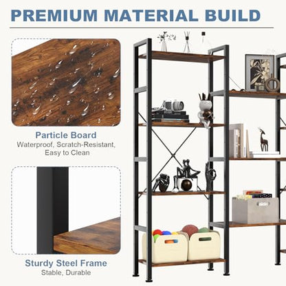 DUMOS Triple Column 4-Tier Industrial Bookshelf - Rustic Brown, 62.3W x 54.6H