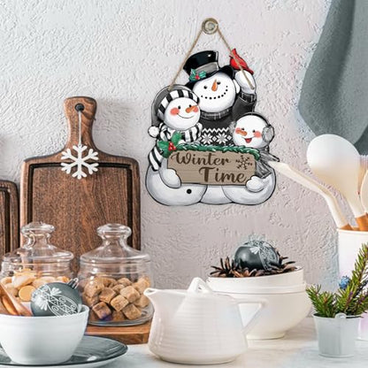 Winter Time Snowman Front Door Sign - Rustic Wooden Door Decor - Variation: Snowman