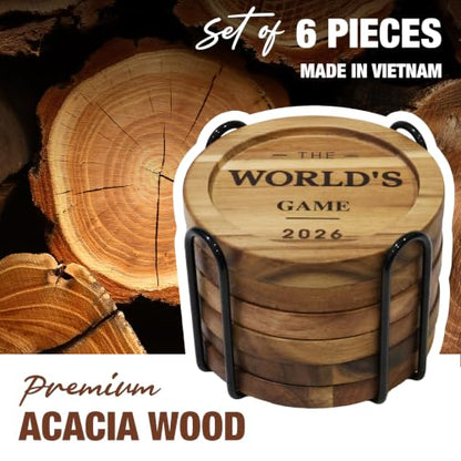 The World's Game 2026 Acacia Wood Coasters Set of 6 with Metal Holder - Soccer Housewarming Gift