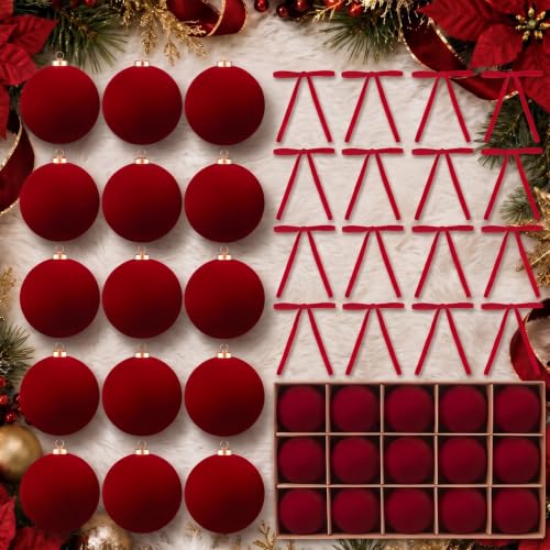Christmas Velvet Ornament Set - Burgundy with 15 Tree Balls & 36 Bows