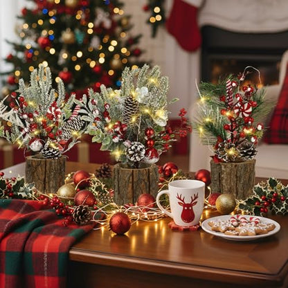 Mini Christmas Tree Set with Lights and Red Berry Accents - Cute Colorful 3-Pack