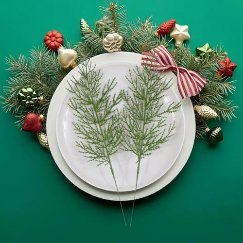 Christmas Greenery Stems - 60 Faux Cedar Sprigs for Holiday Decor - Green / 60