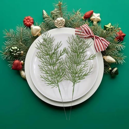 Christmas Greenery Stems - 60 Faux Cedar Sprigs for Holiday Decor - Green / 60