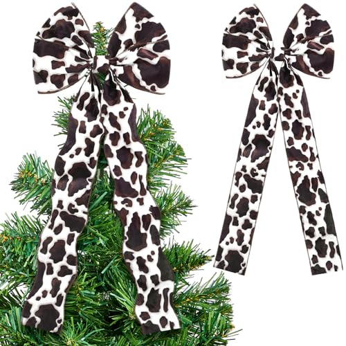 Large Cow Print Christmas Tree Topper Bow - Rustic Western Holiday Decor