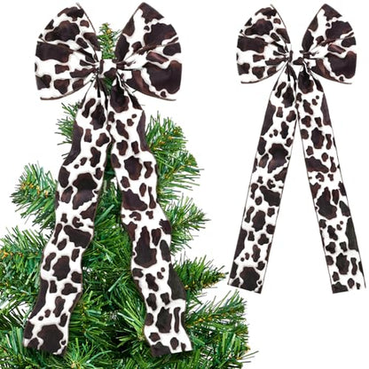 Large Cow Print Christmas Tree Topper Bow - Rustic Western Holiday Decor