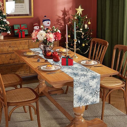 Winter Snowflake Christmas Table Runner 13 x 36 Inch Watercolor Farmhouse Decor