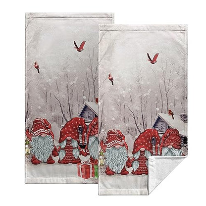 Red Gnome Winter Holiday Hand Towels for Bathroom Kitchen Decor 2Pcs