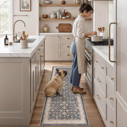 Cotiled 2x6 Washable Non-Slip Vintage Blue Brown Runner Rug - Entry & Hallway