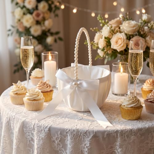 2 Pack Ivory Flower Girl Baskets for Wedding with Pearl Bow Handles