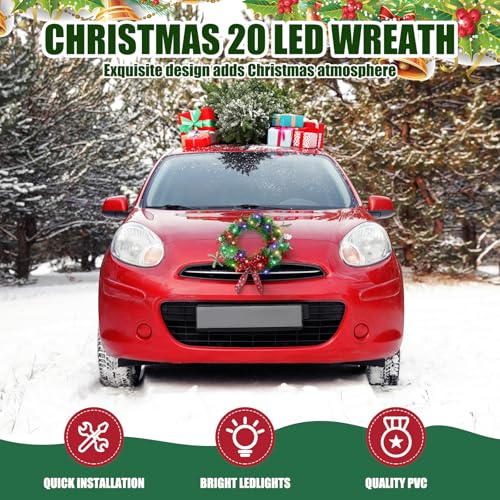 12V LED Christmas Car Wreath with Red Bow and Colorful Lights - 13 Inch Artificial Holiday Decoration, 2 Pack, Checkered Bow Variation