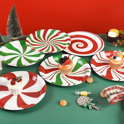 Christmas Candy Paper Plates 48 Count, 9 Inch Peppermint Swirl Party Dinnerware