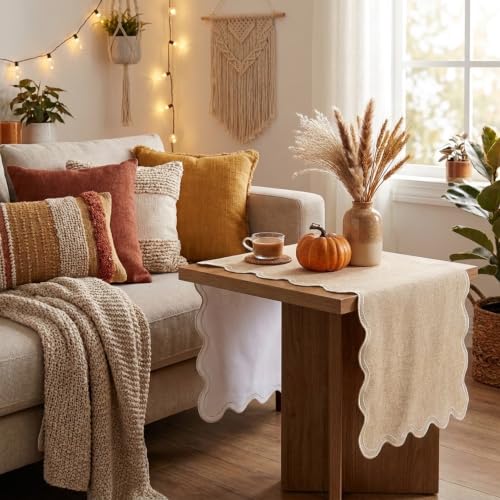 Burlap Table Runner 14x36 Inch with Scalloped Edges - Fall Rustic Home Decor (Variation: Burlap / 36 Inch)