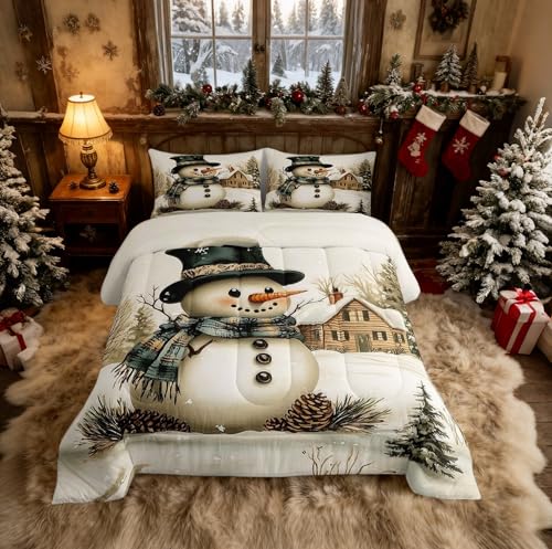 Brown Green Winter Farmhouse Style Comforter Twin with Pillowcase - Snowman Rustic Quilt