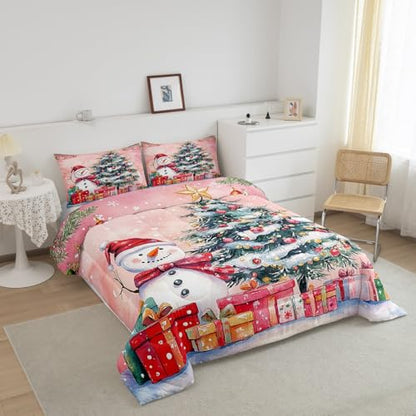 King Size Christmas Tree Comforter Set with Snowman & Santa Design - Pink Green White