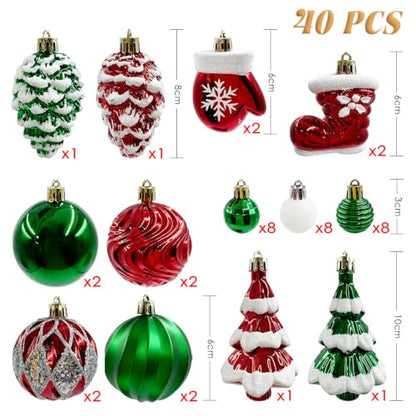 Christmas Baubles 40 Pack - Red, Green & White Shatterproof Ornaments with Hand-Painted Designs