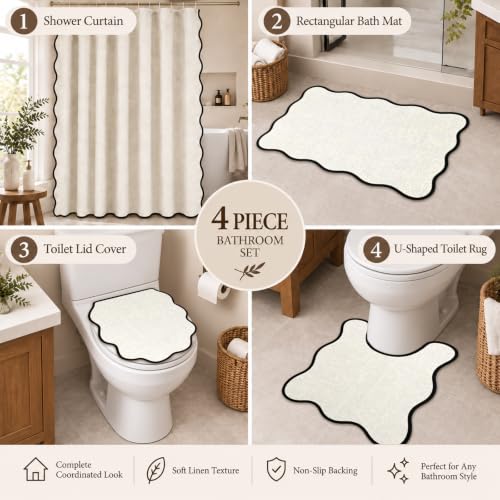 Beige and Black Bathroom Decor Set with Scalloped Edges - Minimalist 4-Piece