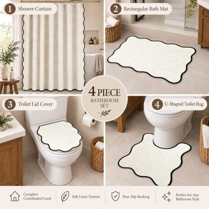 Beige and Black Bathroom Decor Set with Scalloped Edges - Minimalist 4-Piece