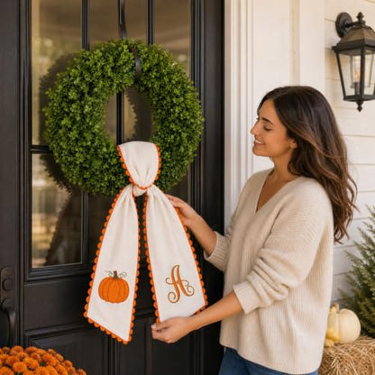 Fall Wreath Sash with Embroidered Pumpkins and Initials - Orange Scalloped Trim - Indoor Outdoor Decor - Variation S