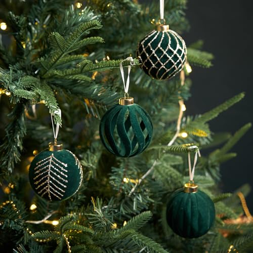 Christmas Balls Ornaments Set 12 Pcs White Flocked Decorations for Xmas Tree Holiday Wreath (Christmas Green & Gold)