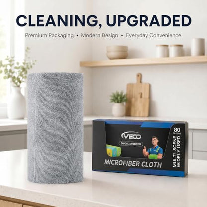 Microfiber Cleaning Cloth Roll 80 PCS Reusable Grey, 12x12 Inches