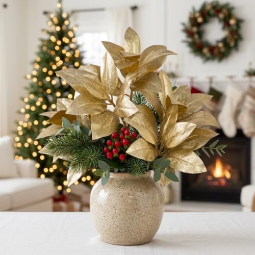 Gold Glitter Magnolia Long Stems - 25.6 Inch Christmas Decor - Set of 3