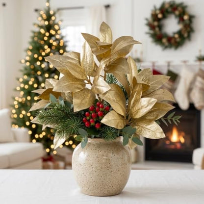 Gold Glitter Magnolia Long Stems - 25.6 Inch Christmas Decor - Set of 3