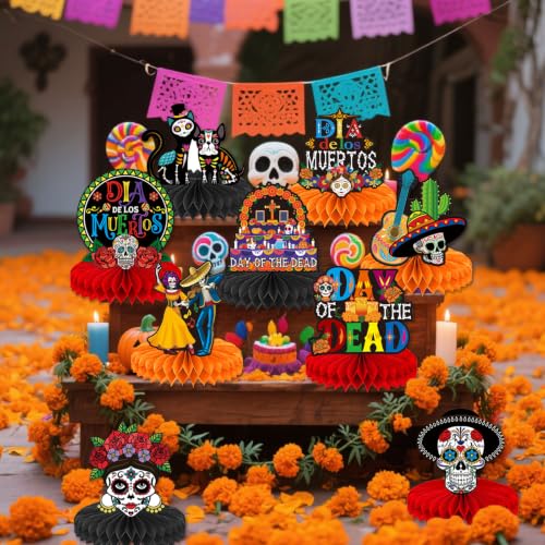Day of The Dead Decorations 9 Pcs Colorful Honeycomb Table Centerpieces - Dia De Los Muertos