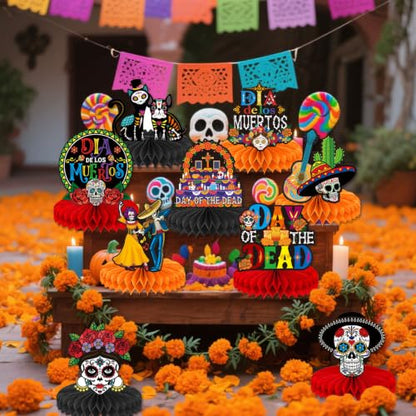 Day of The Dead Decorations 9 Pcs Colorful Honeycomb Table Centerpieces - Dia De Los Muertos