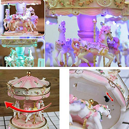 Pink Carousel Music Box for Girls, Rotating Horses with LED Light, 5.9 in