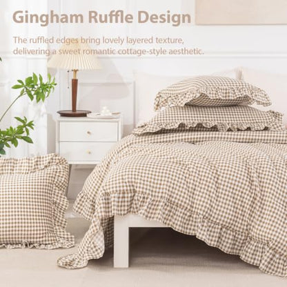 Gingham Twin Comforter Set with Sheets for Girls - 6 Pieces, Tan Ruffle Bedding