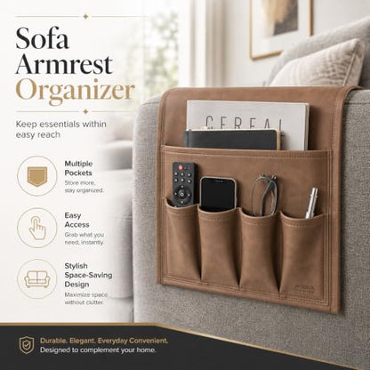 Brown Leather Sofa Armrest Organizer for Couch & Recliner – Waterproof Multi-Pocket Couch Caddy with Magazine & Small Item Storage - Variations of This Listing