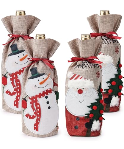 Christmas Burlap Wine Bottle Gift Bags Set of 4 - 13 x 5.5 Inches