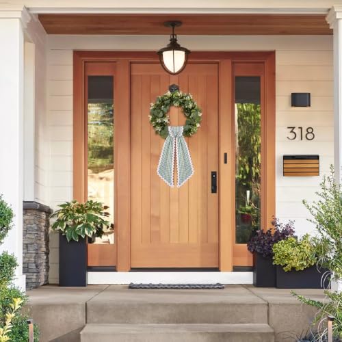 Green and White Plaid Wreath Sash with Scalloped Edge - Front Door Decor Set of 2