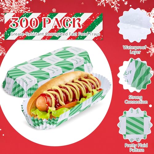 Green Red Checkered 6 Inch Paper Hot Dog Trays, 300 Pcs - Disposable Food Serving Trays