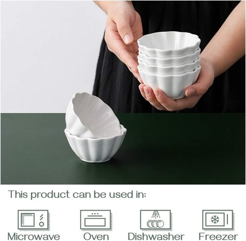 DOWAN Ramekins - 4 oz Flower-Shaped Porcelain Baking Cups | Oven Safe Set of 6 in White