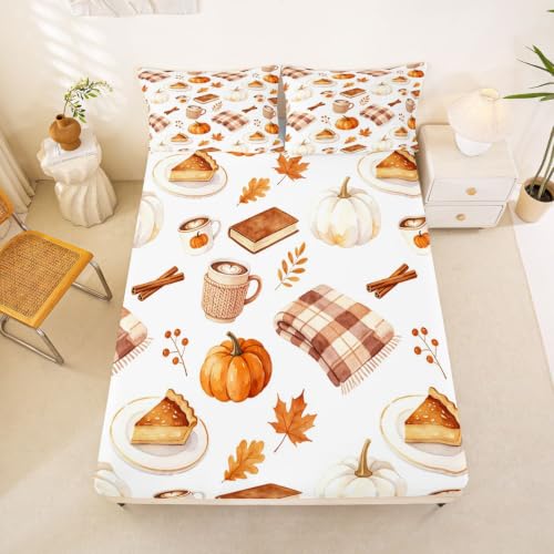 Orange Brown Kids Queen Fitted Sheet Set with Pillowcases - No Top Sheet