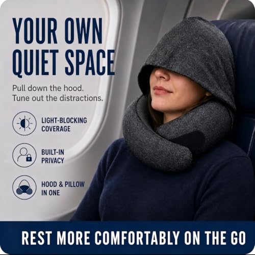 Black Travel Neck Pillow with Hood, Memory Foam Support & Eye Cover