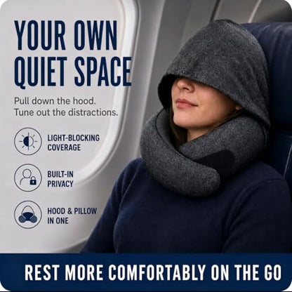 Black Travel Neck Pillow with Hood, Memory Foam Support & Eye Cover